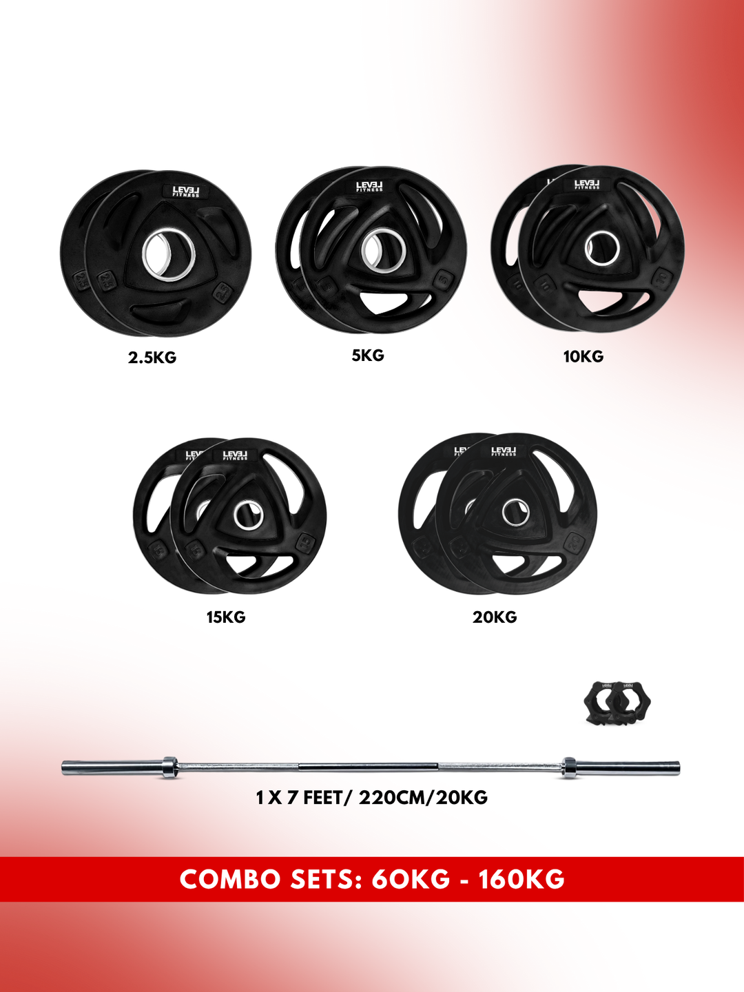 Combo 60KG - 160KG Sets | Level Fitness Tri Grip Olympic Plates with Olympic Barbell