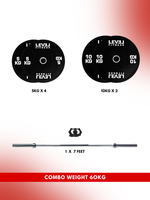 Combo 60Kg - 160Kg Sets | Level Fitness Black Olympic Plates Sets with 7 ft Olympic Barbell