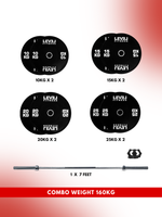 Combo 60Kg - 160Kg Sets | Level Fitness Black Olympic Plates Sets with 7 ft Olympic Barbell