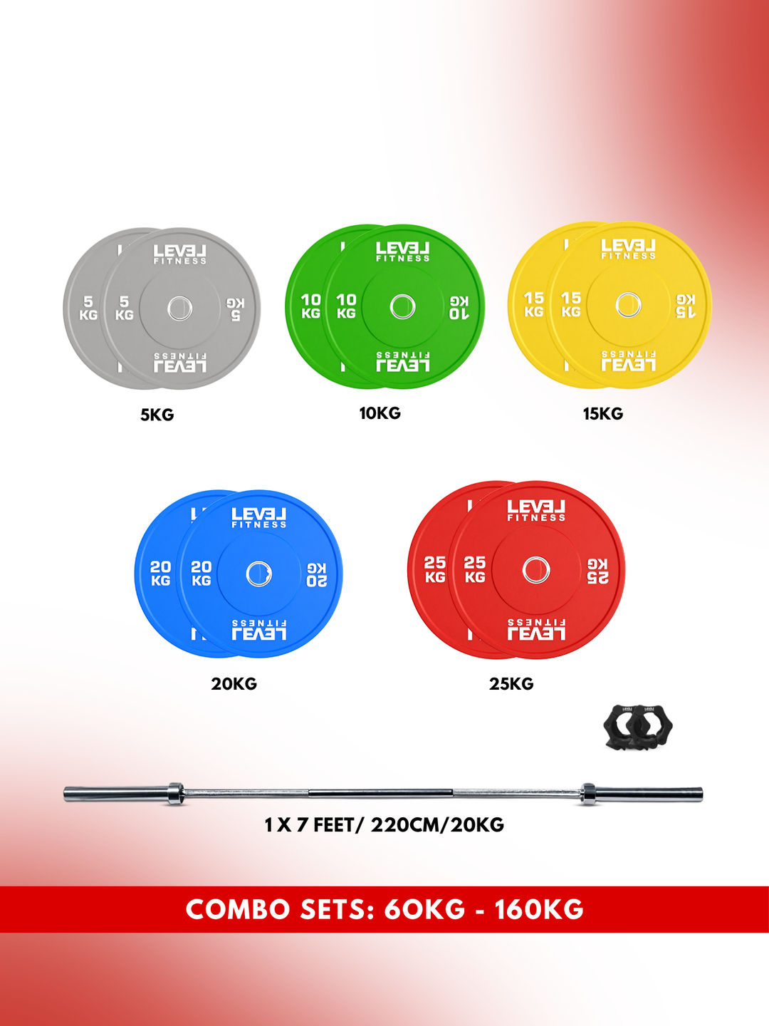 Combo 60Kg - 160Kg Sets | Level Fitness Color Olympic Plates with 7 ft Olympic Barbell
