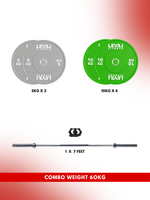 Combo 60Kg - 160Kg Sets | Level Fitness Color Olympic Plates with 7 ft Olympic Barbell