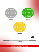 Combo 60Kg - 160Kg Sets | Level Fitness Color Olympic Plates with 7 ft Olympic Barbell