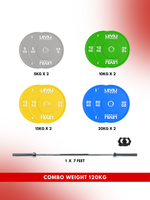 Combo 60Kg - 160Kg Sets | Level Fitness Color Olympic Plates with 7 ft Olympic Barbell