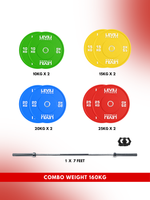 Combo 60Kg - 160Kg Sets | Level Fitness Color Olympic Plates with 7 ft Olympic Barbell