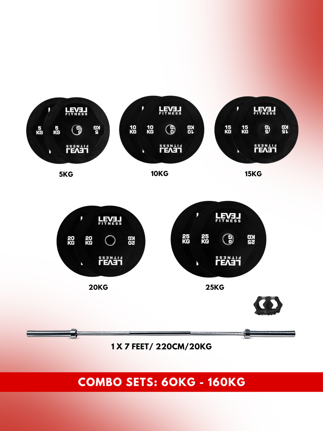 Combo 60Kg - 160Kg Sets | Level Fitness PU Black Olympic Plates Sets with 7 ft Olympic Barbell