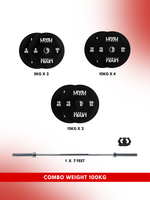 Combo 60Kg - 160Kg Sets | Level Fitness PU Black Olympic Plates Sets with 7 ft Olympic Barbell